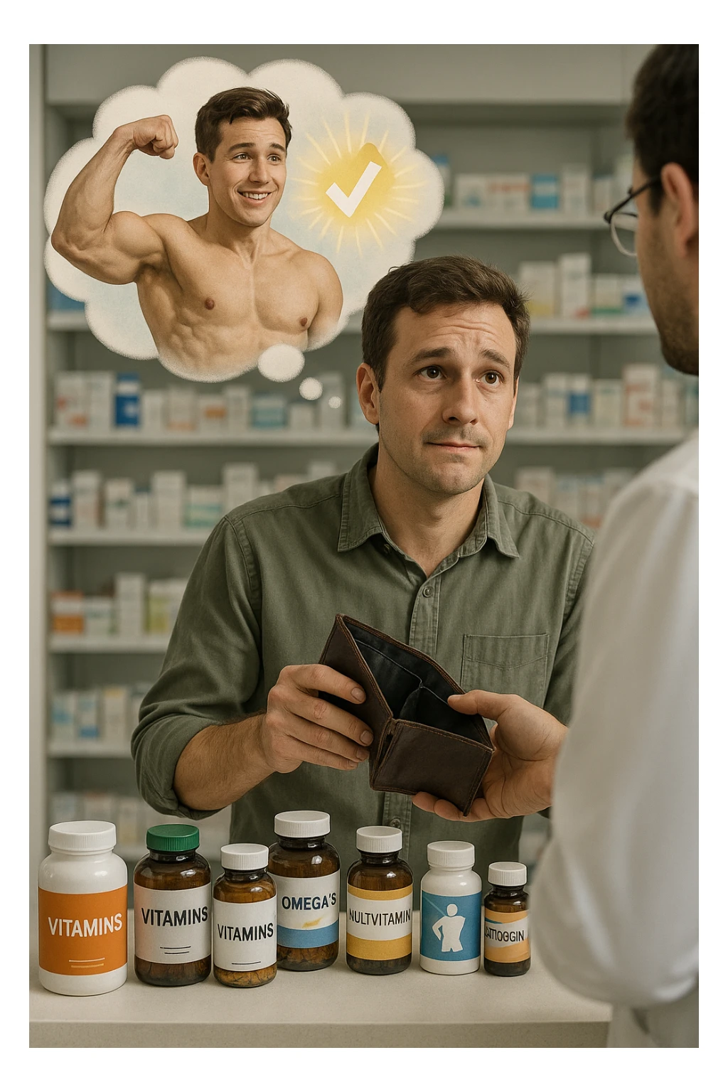a man stands at a pharmacy counter, handing over a nearly empty wallet to the cashier while the counter is filled with bottles of supplements and vitamins. His expression is hopeful but slightly anxious. In the background, a thought bubble shows exaggerated images of instant health and fitness, symbolizing unrealistic expectations.  in italiano super realistica sticker