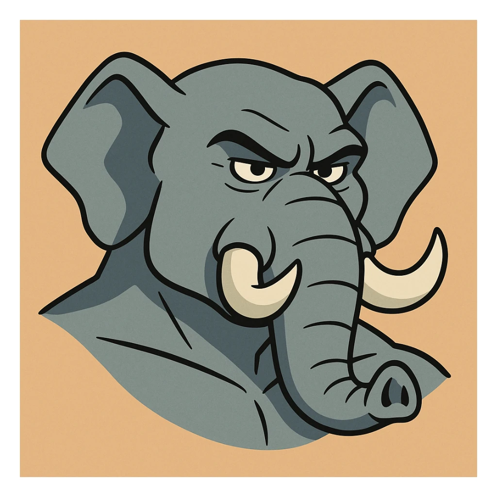 masculine elephant head, cartoon style, strong features, bold and confident expression sticker