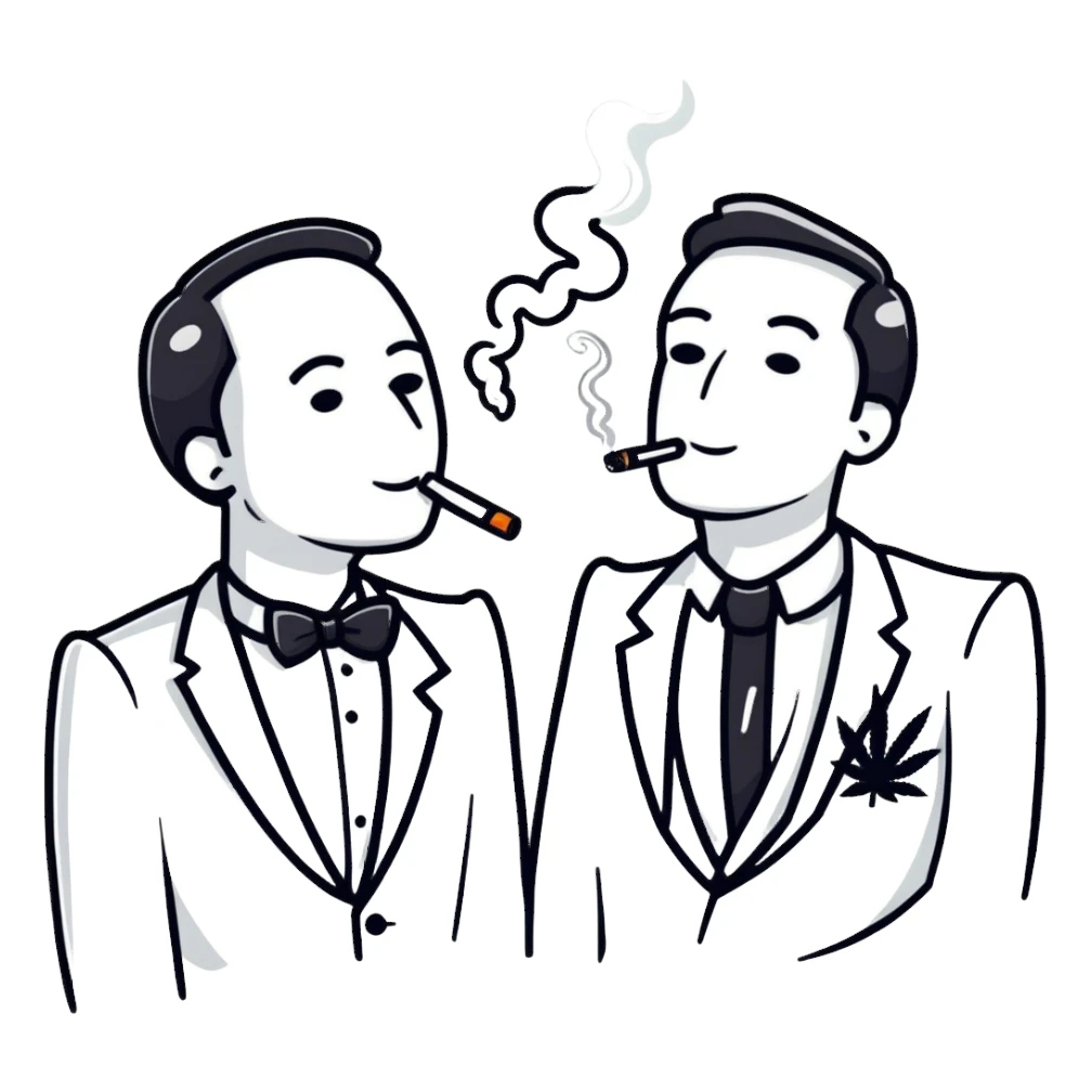 Two men in tuxedos smoking cannabis at a wedding party sticker