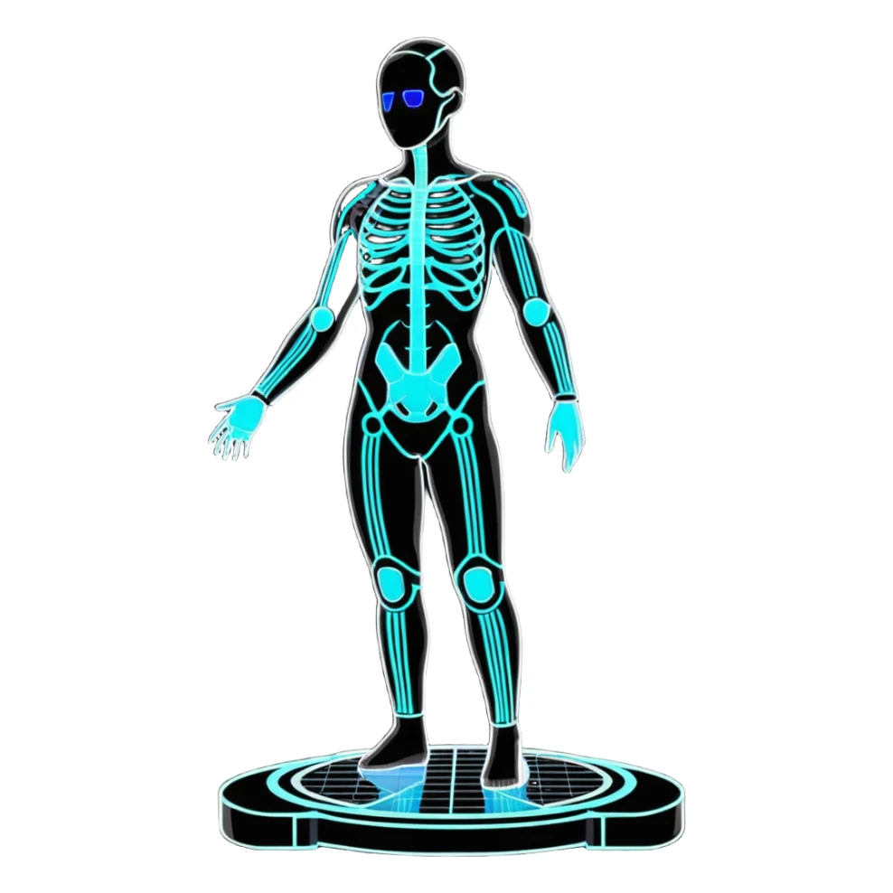 3D holographic full body scan with glowing grid lines, futuristic medical technology sticker