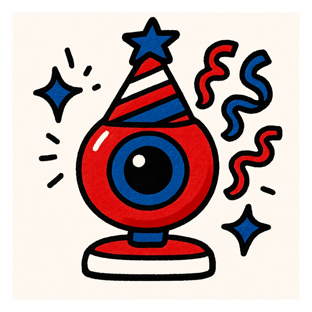 Recolor the webcam and festive elements using only the colors of the American flag: red, white, and blue, while maintaining a cheerful and festive style. sticker