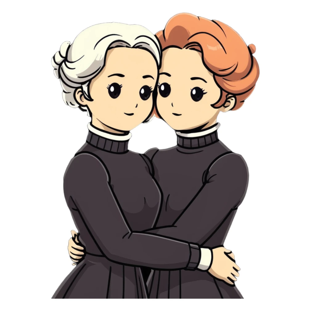 Two Victorian women with light eyes, one with bright white coiffed hair and one with dark copper coiffed hair, wearing Victorian turtleneck dresses, embracing each other in a sad, intimate hug sticker