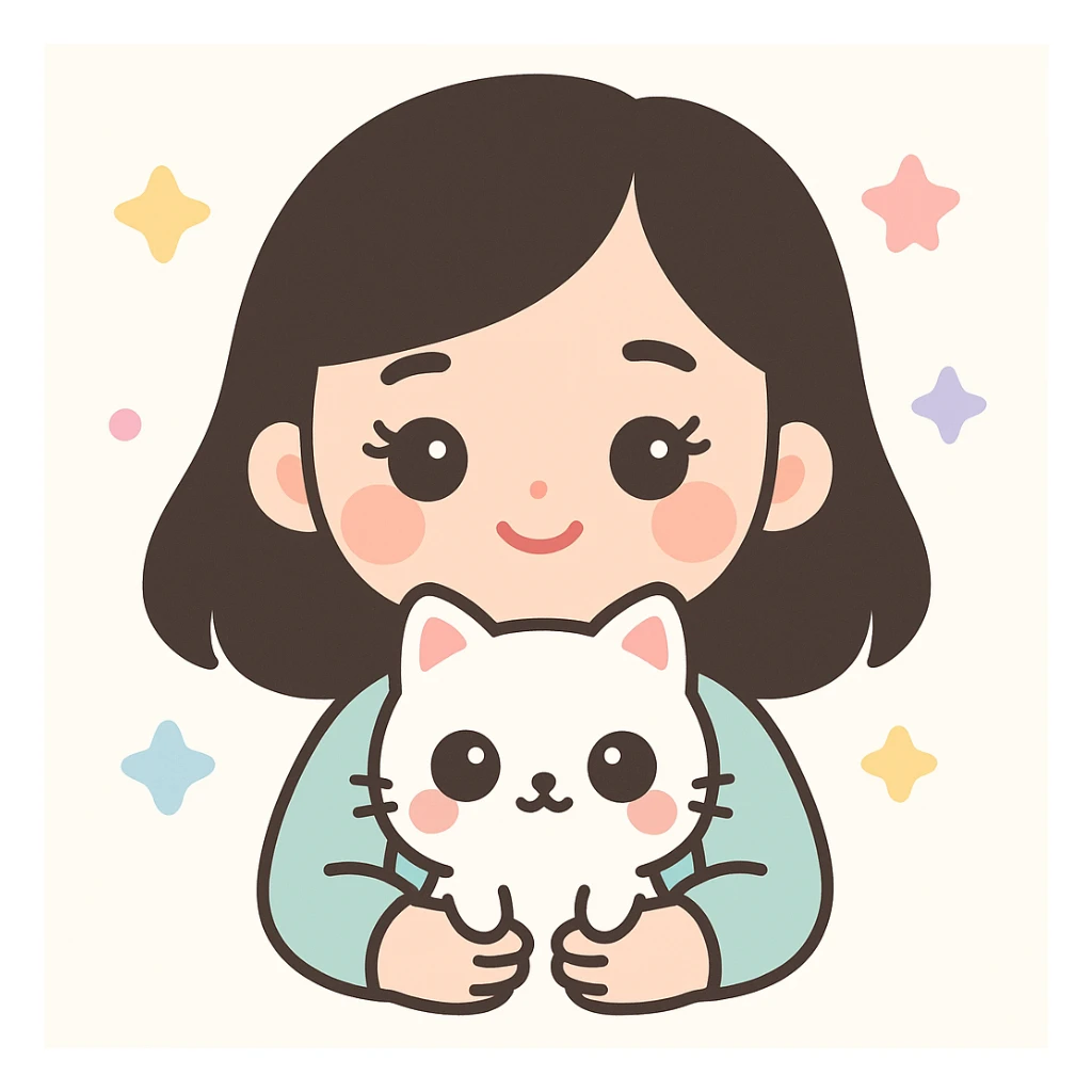 aesthetic girl with dark brown doe eyes, cute eyelashes, soft arched eyebrows, neutral skin tone, light blush, pink glossy full lips, off-shoulder black 2b hair, holding a white cat, kawaii style, detailed, soft colors sticker