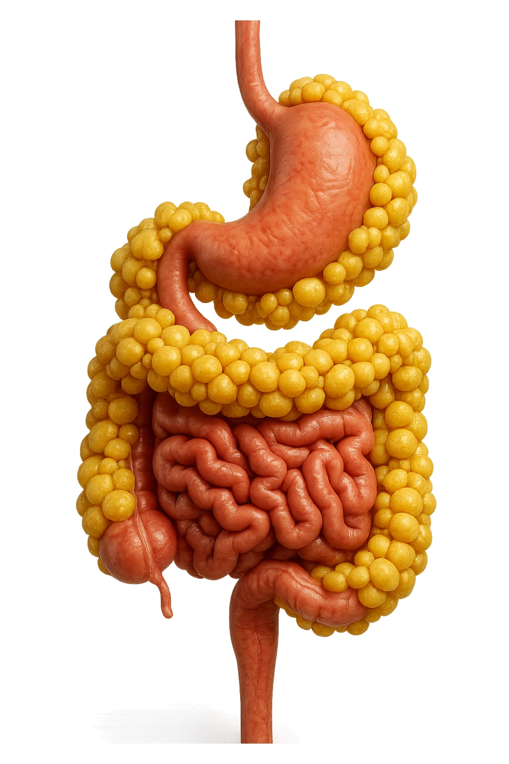 STOMACO E INTESTINO SONO VERTICALMENTE COLLEGATI E INTORNO A QUESTI ORGANI CI SONO CELLULE DI GRASSO GIALLE ATTACCATE SOPRA A GRAPPOLI, IPERREALISTICO 4K sticker