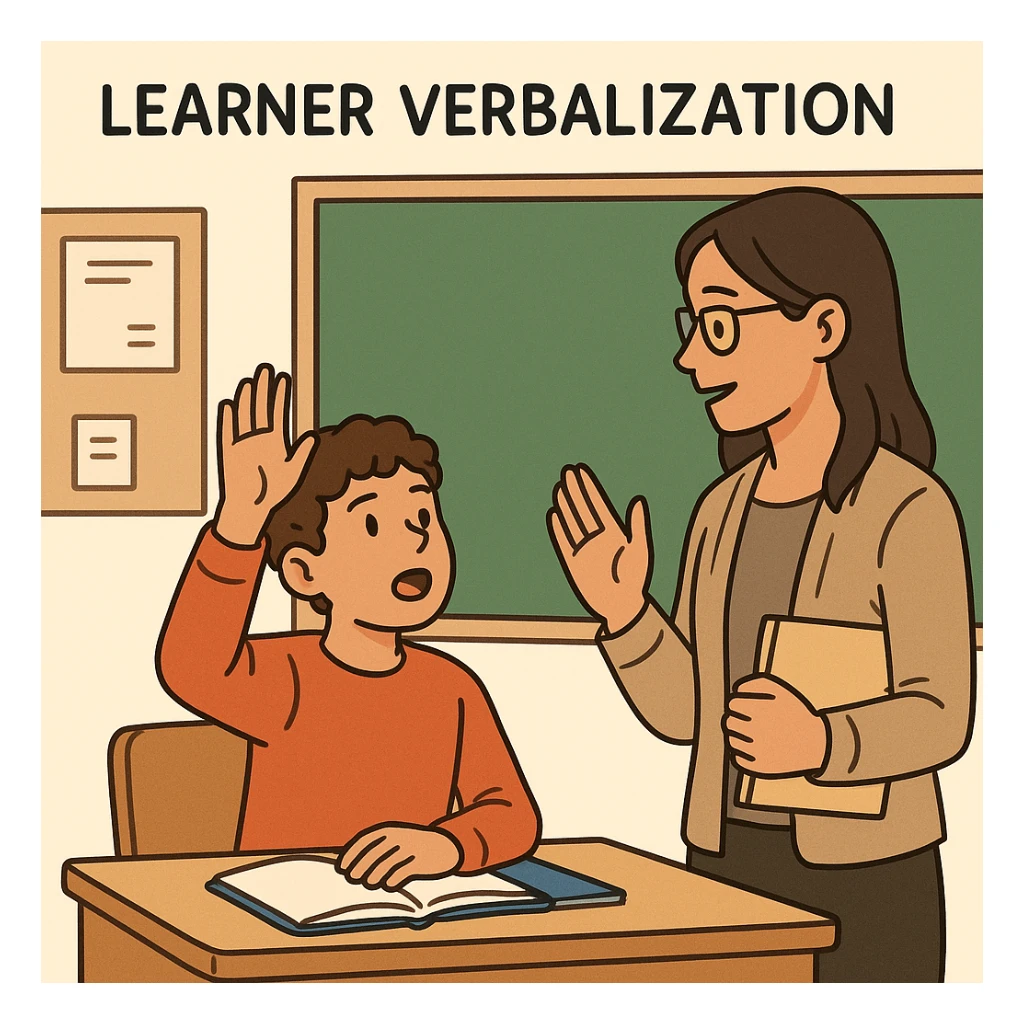 a student raising their hand and talking to a teacher, representing learner verbalization sticker