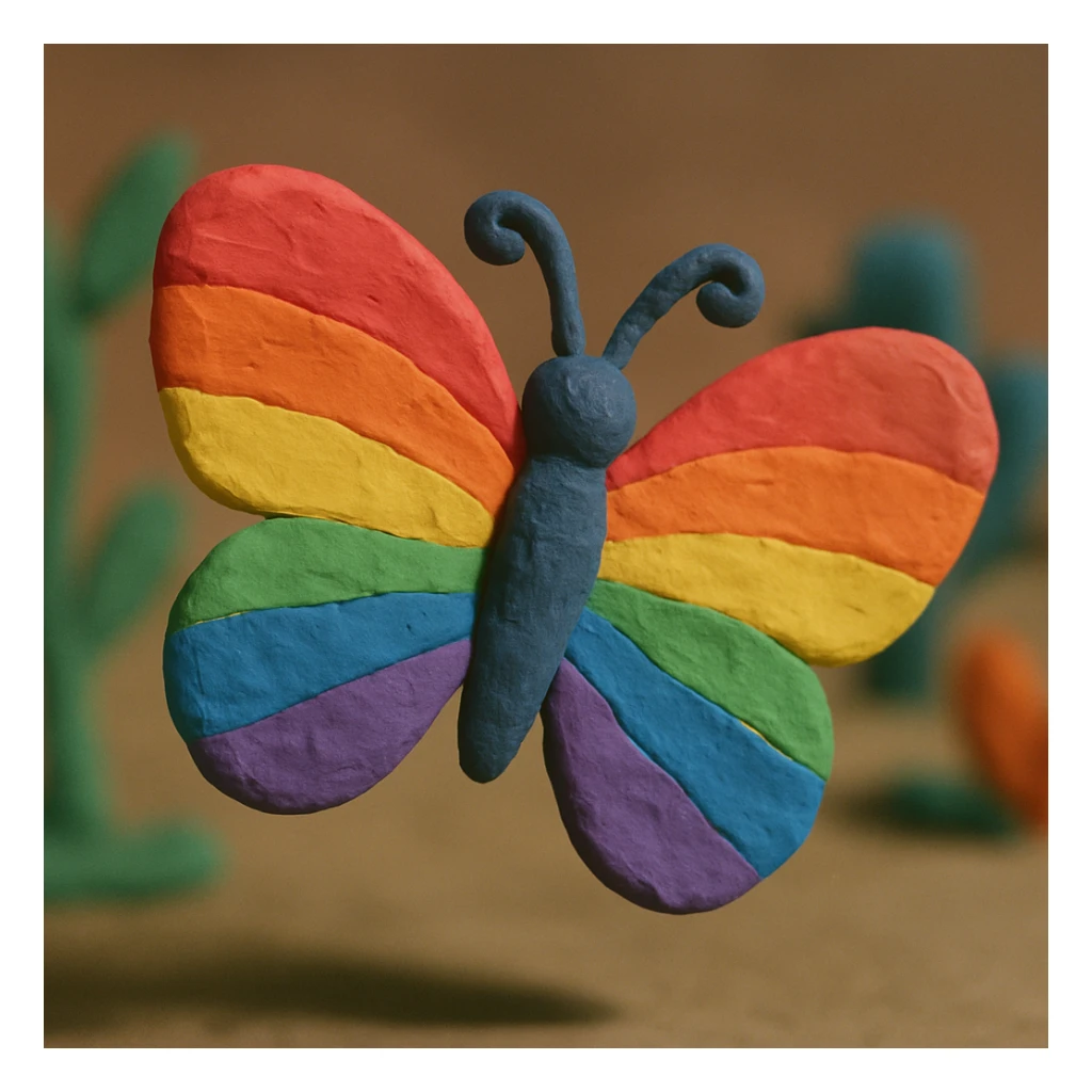 a butterfly in claymation style, soft plasticine texture, visible fingerprints, rainbow pride colors sticker