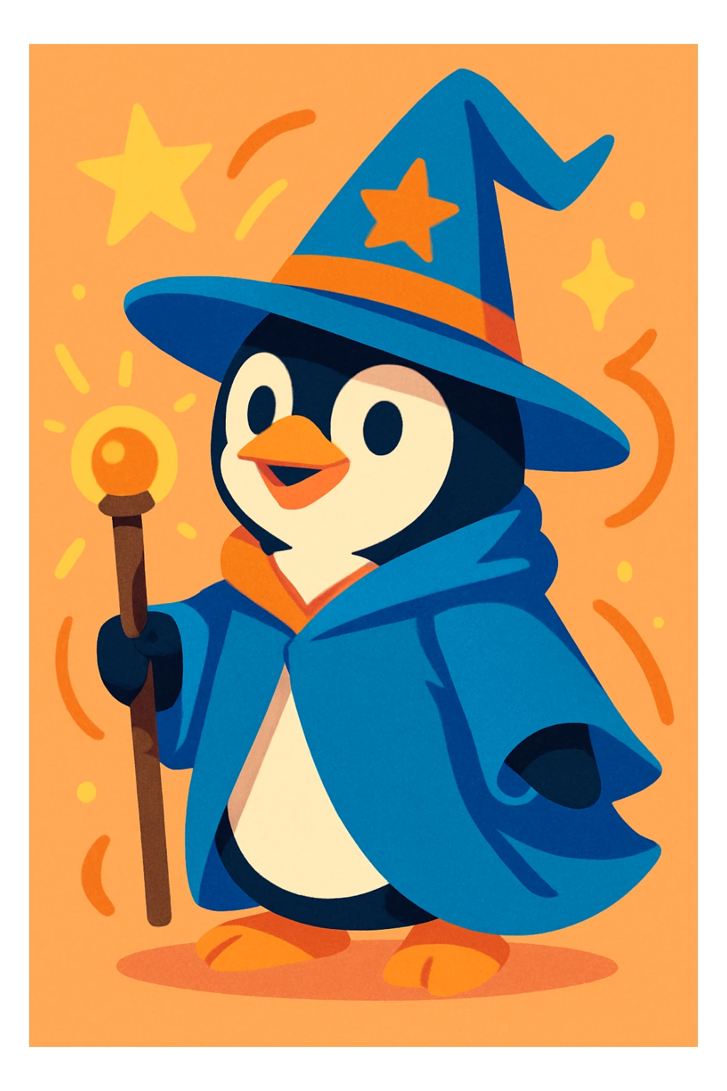 fun and whimsical style penguin dressed as a wizard, with a pointy hat and a magic staff sticker