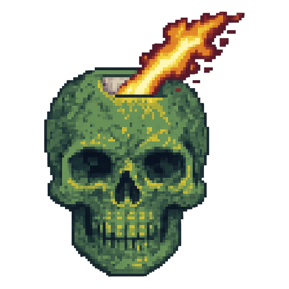 Make only the top of the skull's head explode, keep the rest of the skull intact, in pixel art style with no background. sticker