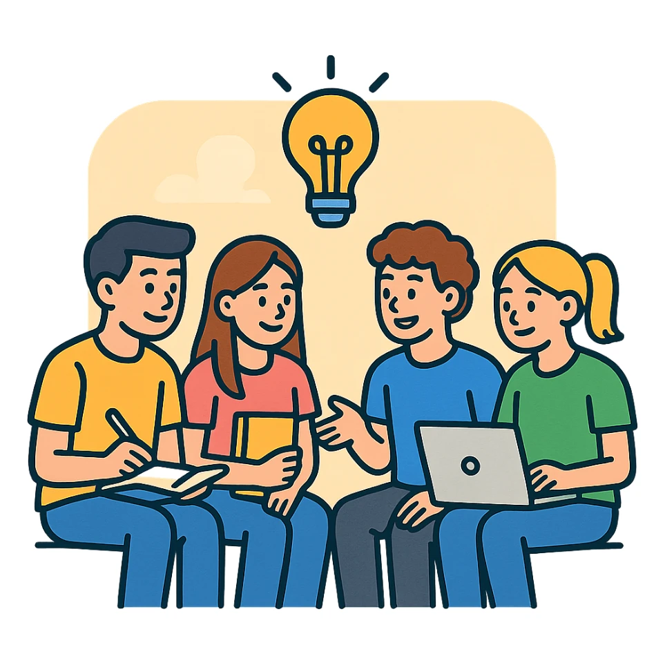 four young students with notebook and laptop, exchanging ideas in a relaxed atmosphere, soft and welcoming background, vector drawing style sticker