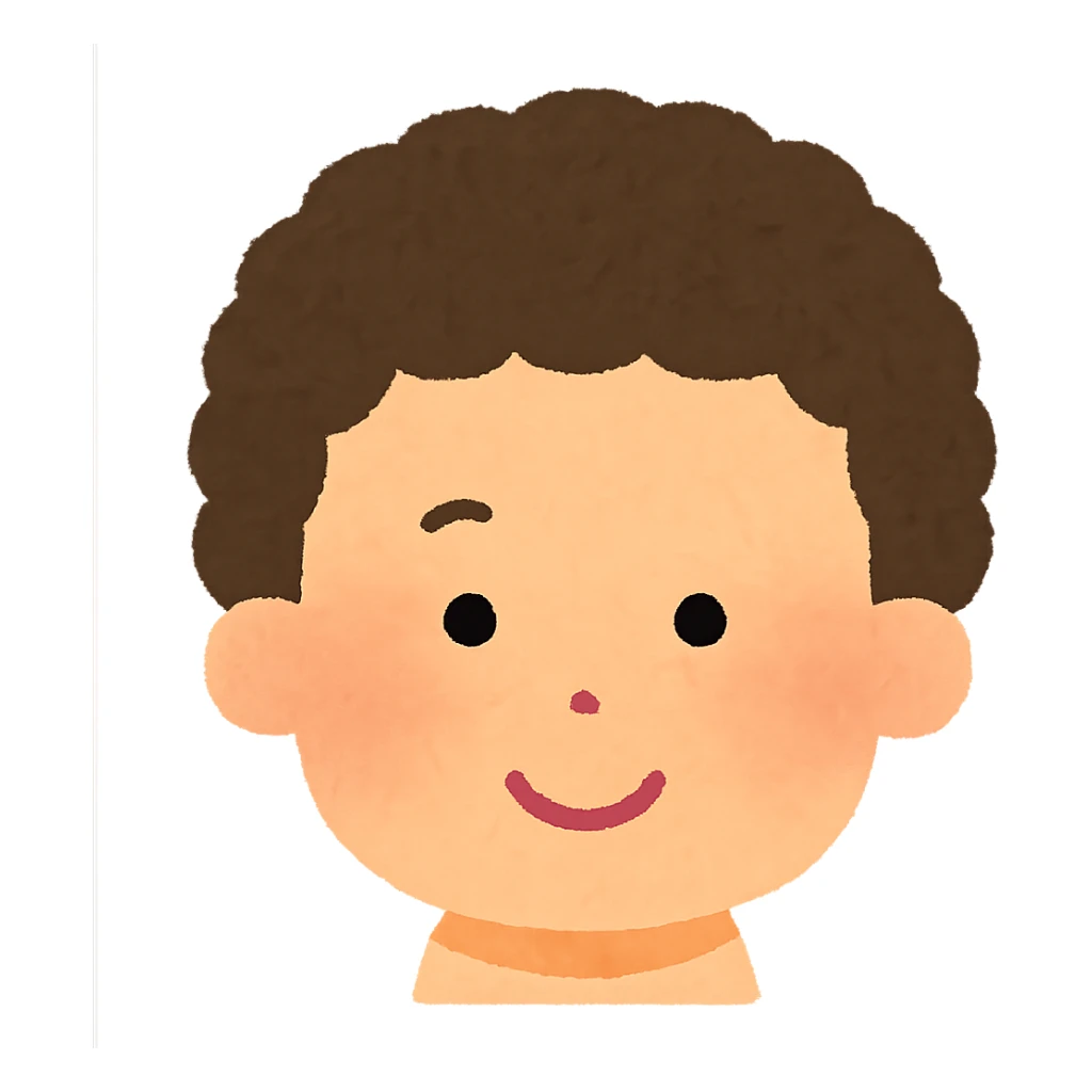 Irasutoya style head, round face, soft colors, simple features, smiling, short afro hair, no neck sticker