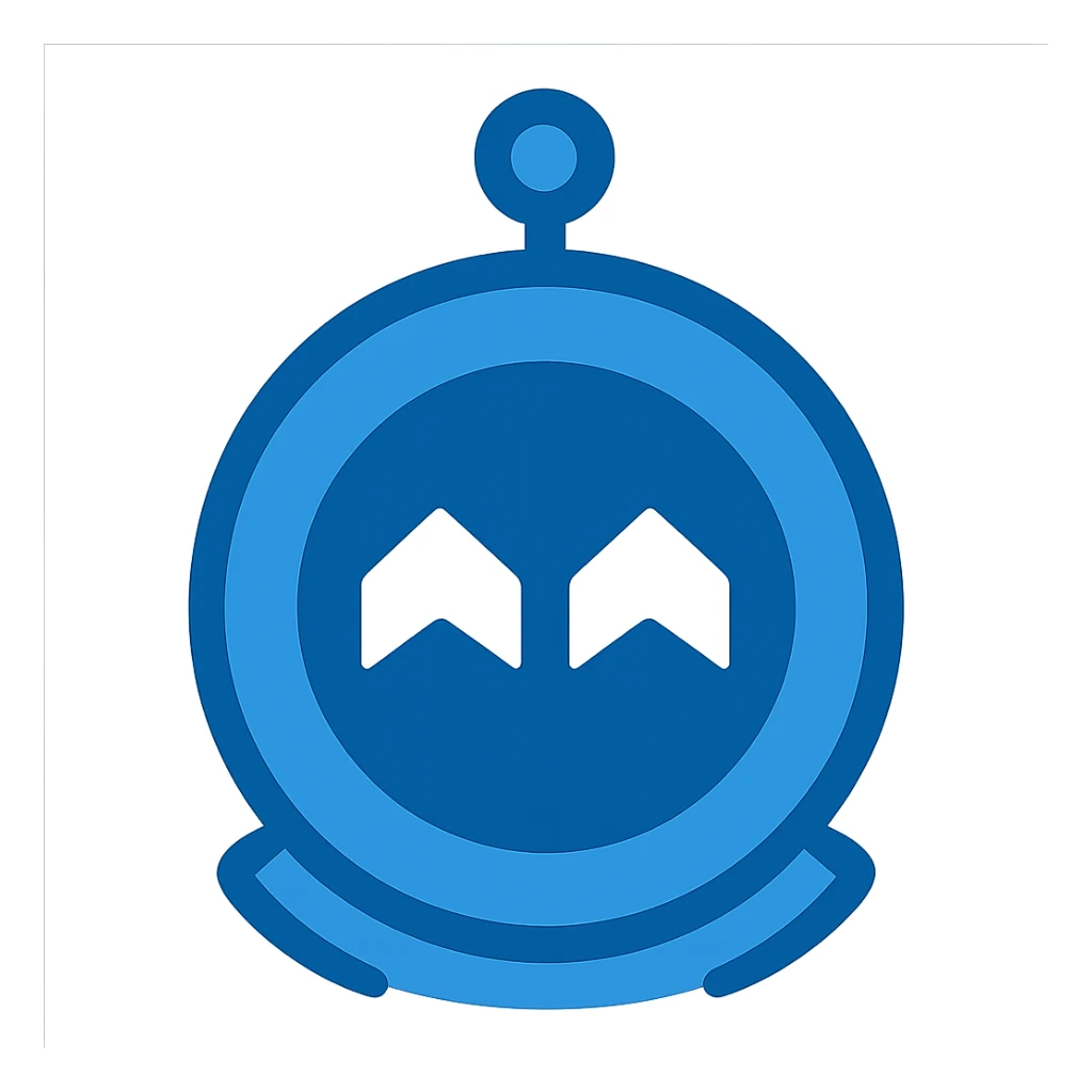 Recreate the Main Assembly Steam icon in a minimalistic, flat blue style consistent with previous icons. Use almost exclusively shades of blue for the round robot head, with a blue outline and blue details. The face should have two simple white chevron shapes for eyes. Keep the style clean and simple, with a fully transparent background, minimal use of other colors, and prioritize clarity and recognizability. sticker