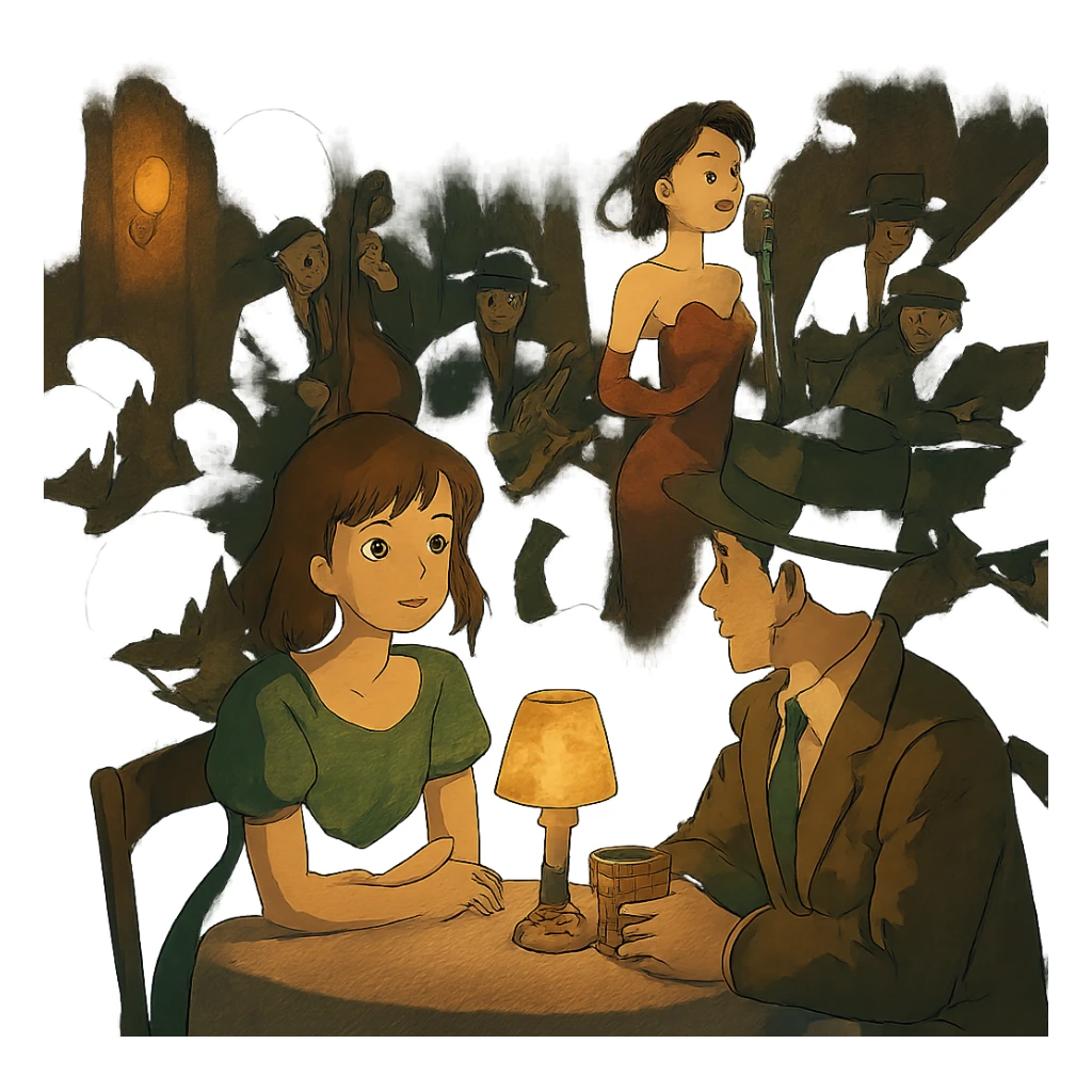 1940s jazz nightclub scene, ghibli style, moody lighting, no text sticker