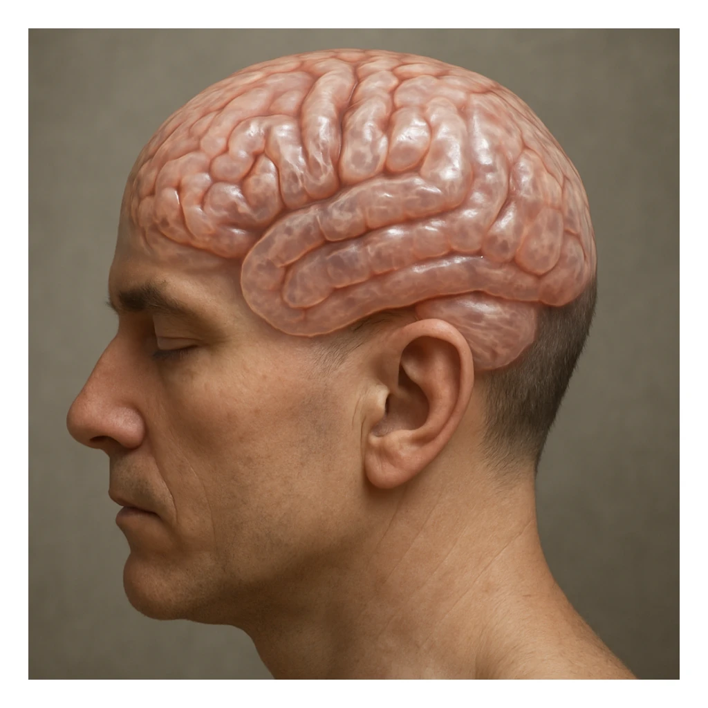 a brain visible on top of a human head, clear and expressive sticker