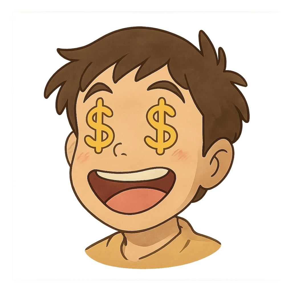 very happy face with dollar signs for eyes sticker
