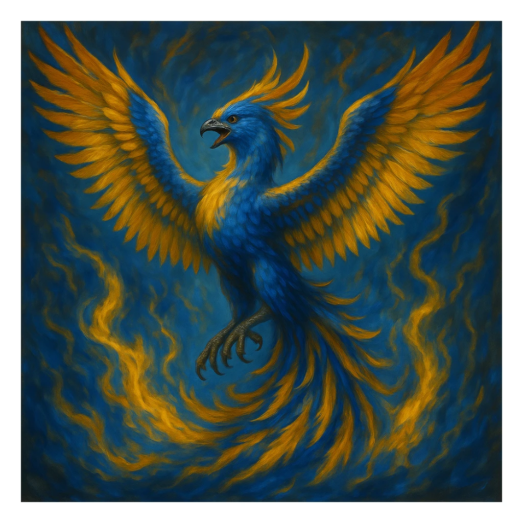 Change the phoenix to blue and gold colors, keep the majestic, fiery, dynamic style, wings spread, vibrant pose. sticker