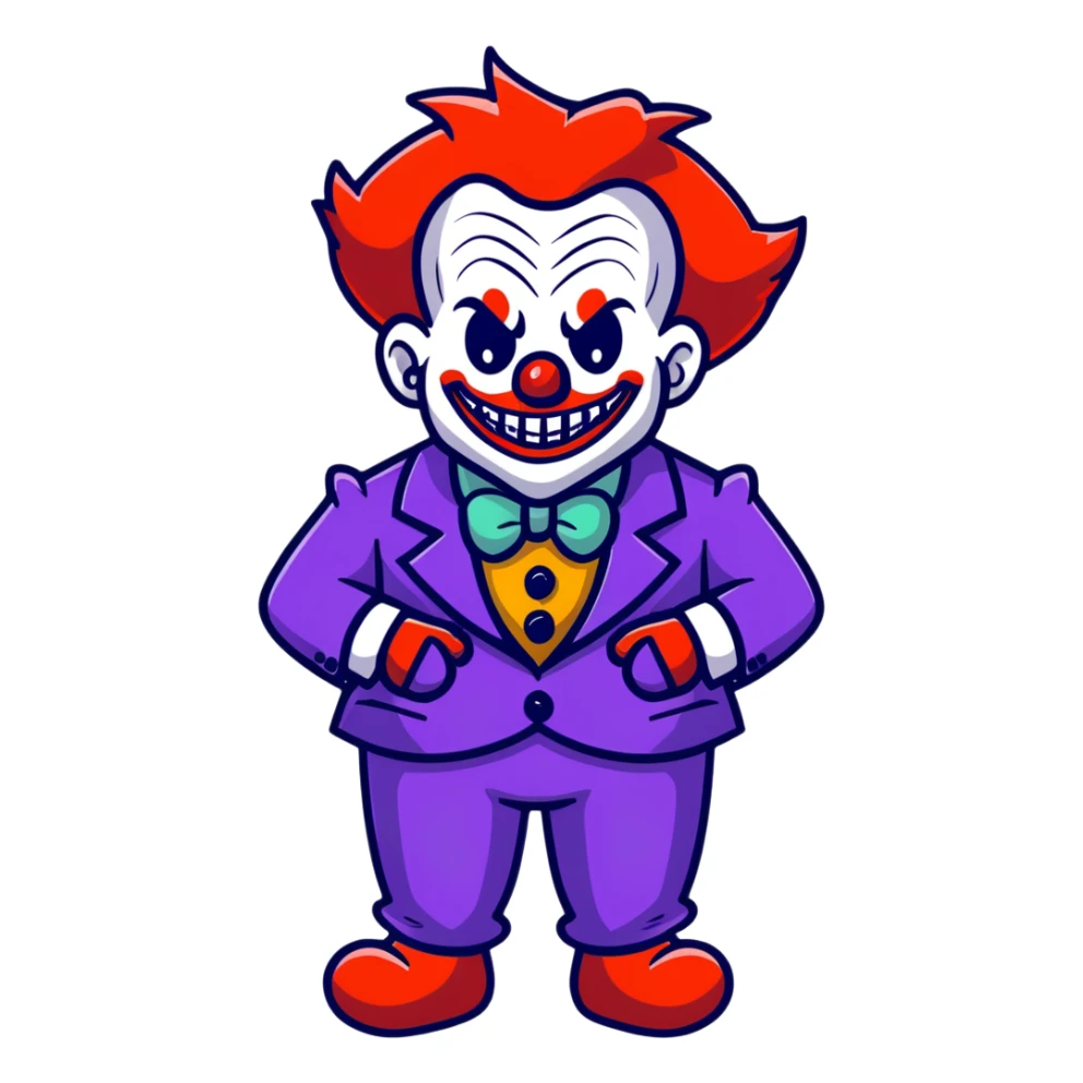 demonic clown wearing a leisure suit with accessories sticker