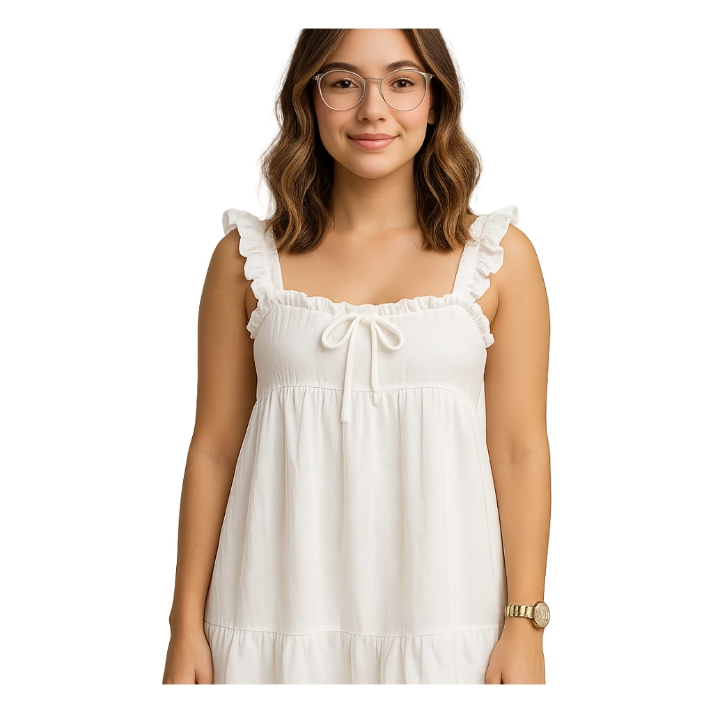 a young woman with soft waves of medium-length, highlighted hair, wearing clear eyeglasses and light natural makeup, dressed in a white, loose, ruffled babydoll dress with tied accents and frilled shoulder straps, standing confidently, smiling gently at the camera, one arm relaxed at her side, white painted nails, gold wristwatch, isolated on white background sticker
