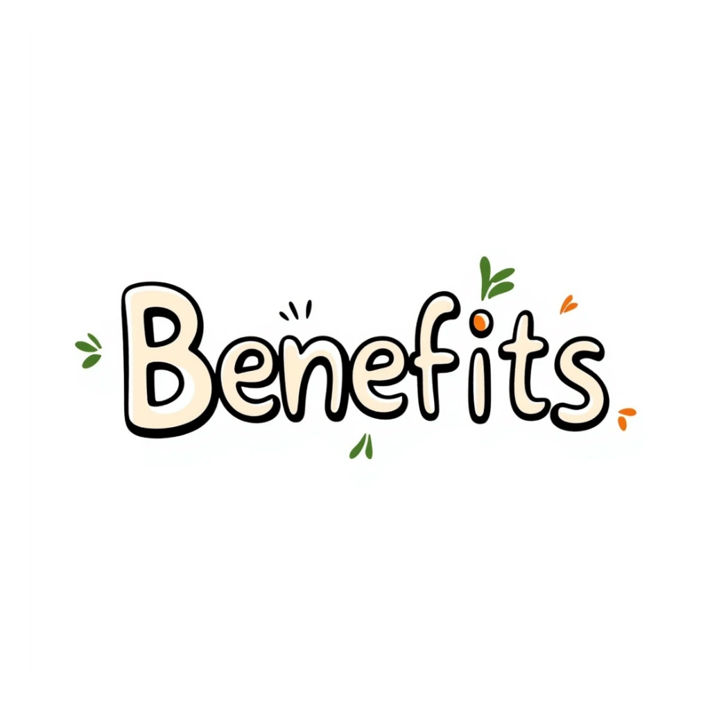 The word "Benefits" hand-drawn in white/cream colored text with just a few green and orange accents. Simple doodle style. sticker