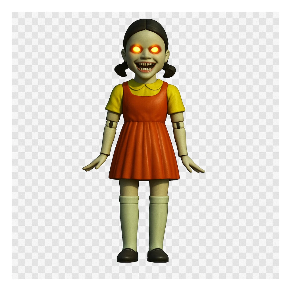 Edit the character to have glowing eyes and sharp teeth to look scary, while keeping the rest of the image exactly the same as the original style and pose. sticker