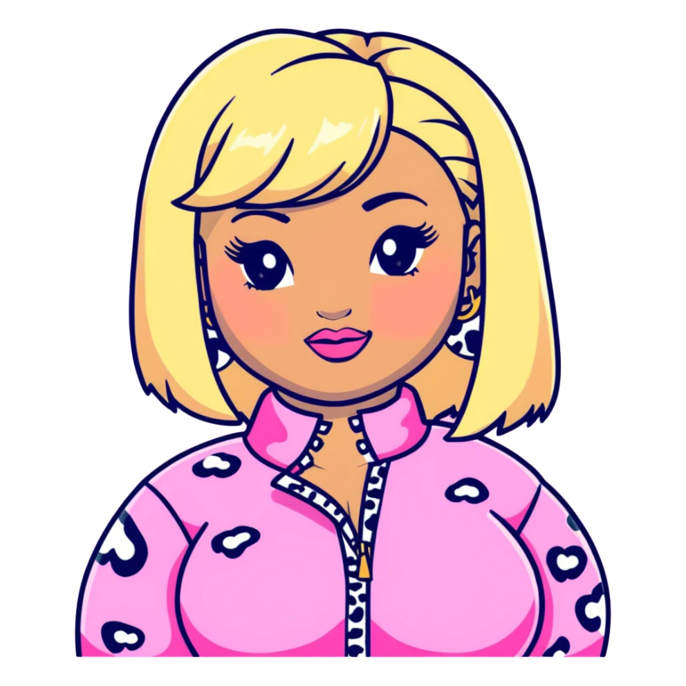 Nicki Minaj wearing pink and white leopard print outfit with half blonde half pink hairstyle with bangs sticker