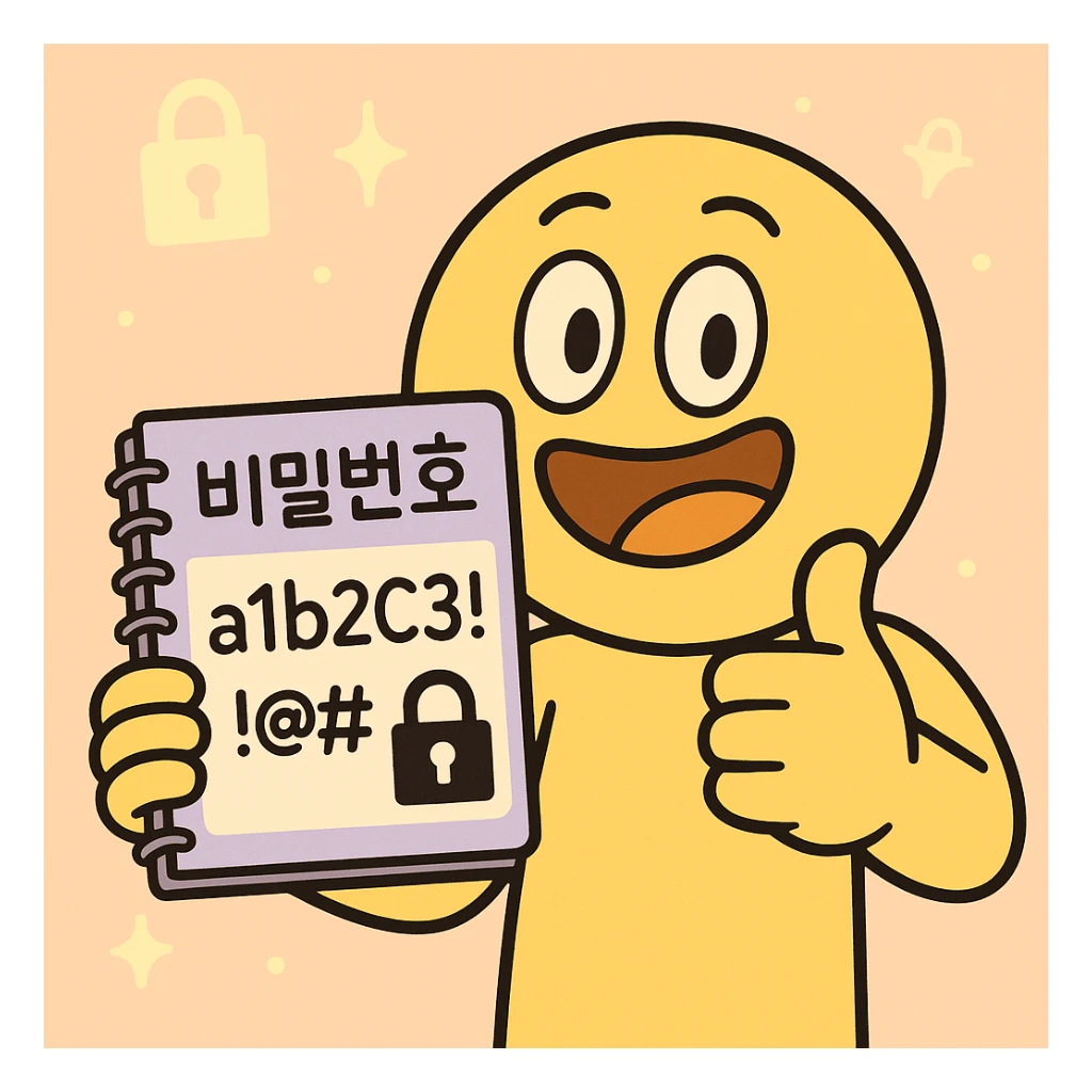 cheerful emoticon character with a notebook labeled '비밀번호' in Korean, showing strong password 'a1b2C3!@#' and lock icon, character giving thumbs-up, glowing lock icons in pastel background, flat, bright, cartoon style, 360x360px, PNG sticker