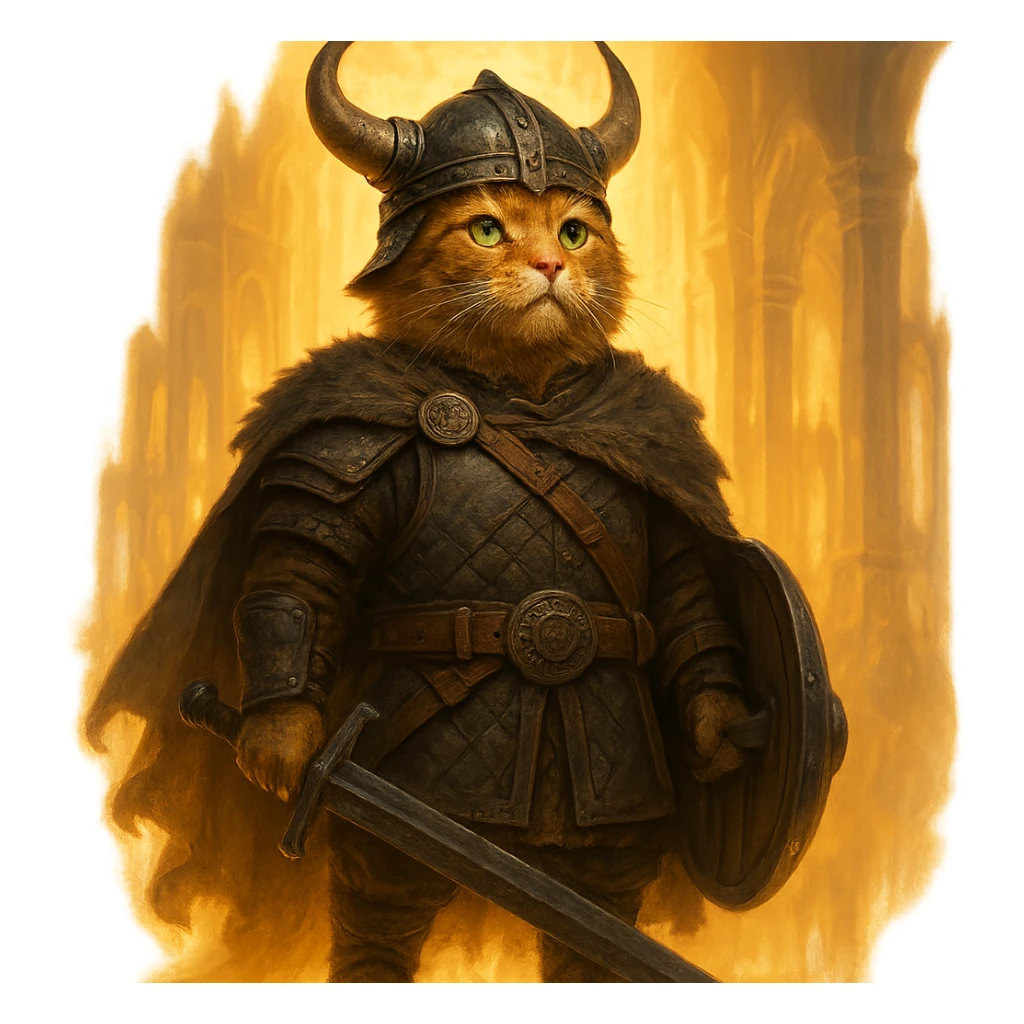 ginger cat as a valorous Viking, standing in Valhalla, glowing background, majestic sticker