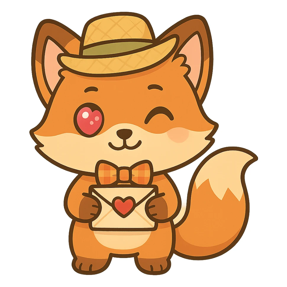 Make the fox wink with a shy happy expression, wearing a festive festa junina outfit, holding a love letter, with a big sparkling heart eye. Keep the cute chibi cartoon style, orange with white belly and fluffy tail, emoji-like proportions, and minimal or transparent background. sticker