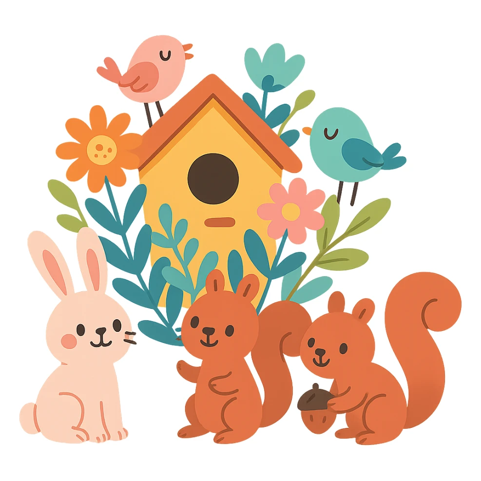 birdhouse with flowers and forest creatures including bunnies, birds, and squirrels, soft pastel colors, transparent background sticker