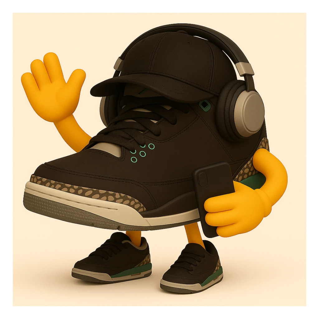 Add a fitted hat, headphones, and a cell phone as props to the sneaker character. Keep the arms and legs, no face, and maintain the waving pose. The style should resemble 3D emoji style as in the reference image. sticker