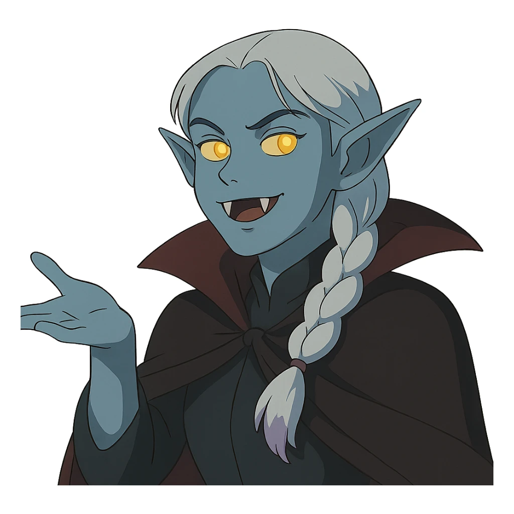 1 female, single long white braid with lavender tips. Vampire with blue skin and glowing gold yellow eyes. Meme pose sticker