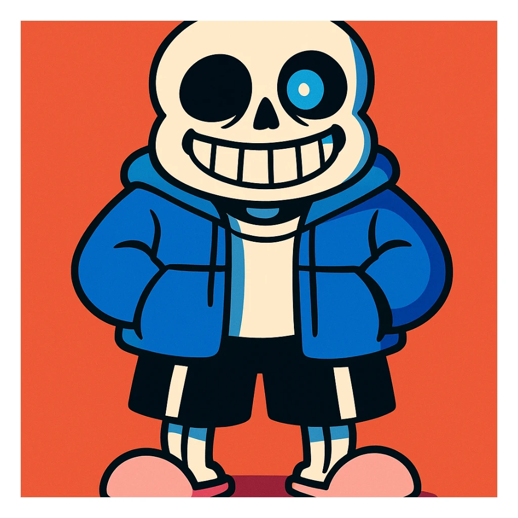 Sans from Undertale, cartoon skeleton with one blue glowing eye, simple background, vibrant toon style sticker