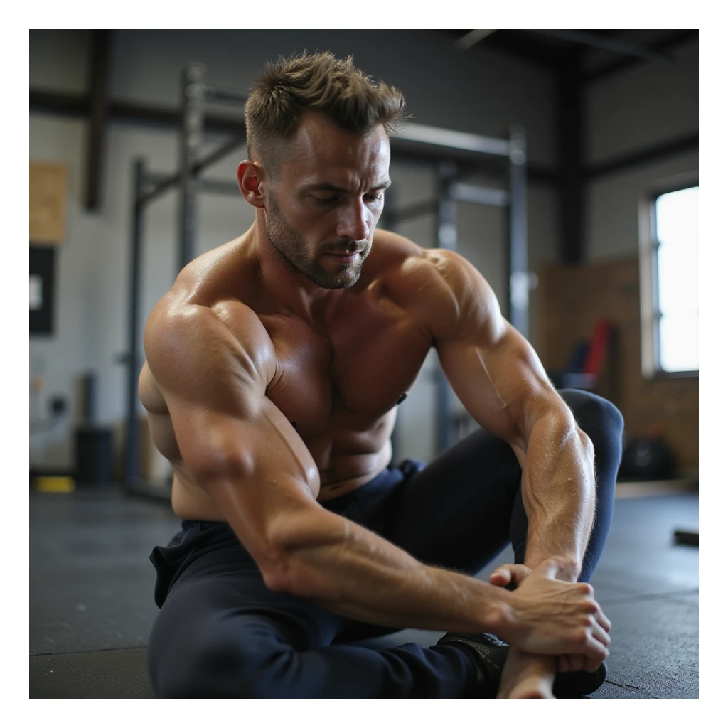 realistic photo of a crossfit athlete training, performing joint mobility exercises, dynamic stretching, prominent muscles, natural light, gym background sticker