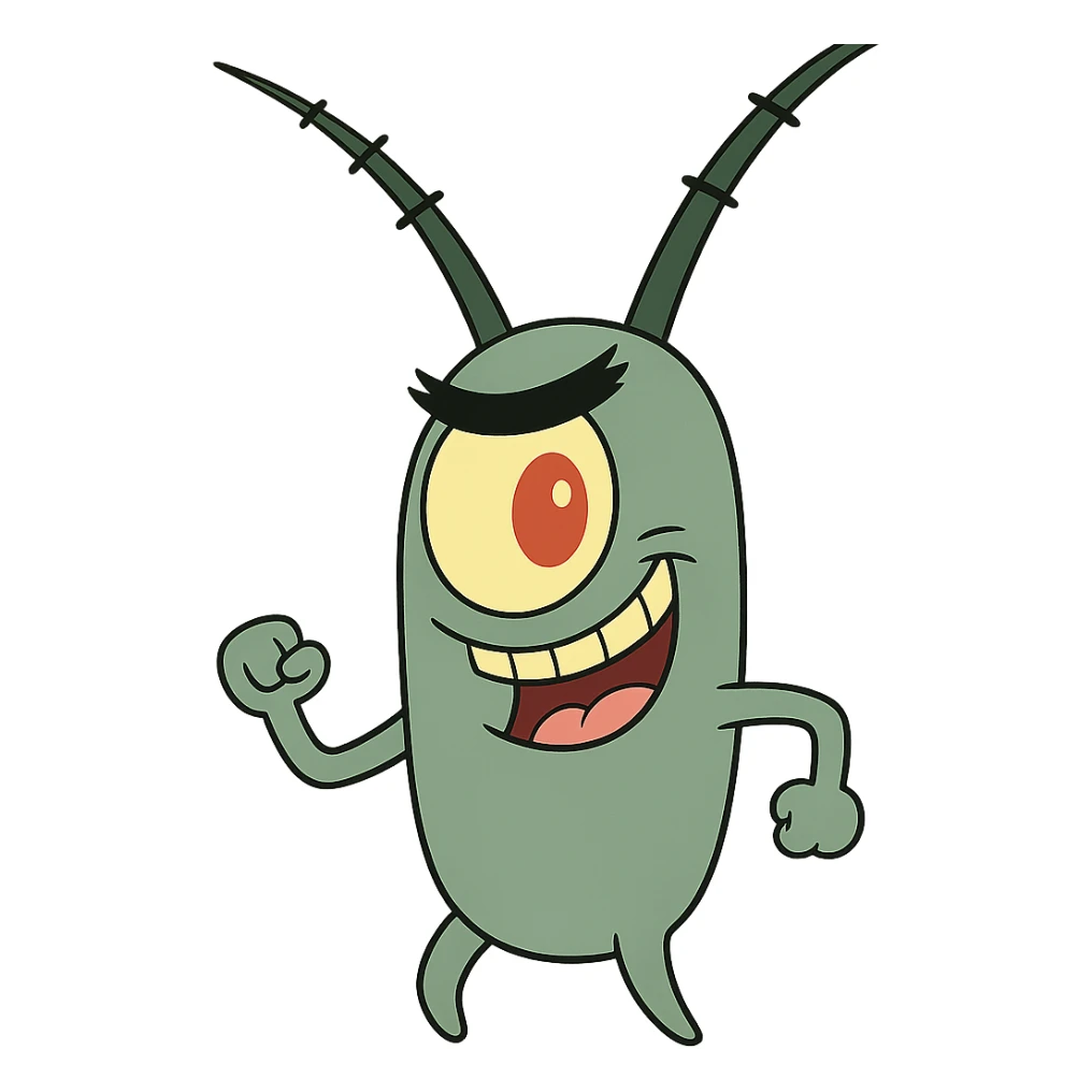 Plankton from Spongebob, mischievous expression, green, one eye, cartoon style sticker