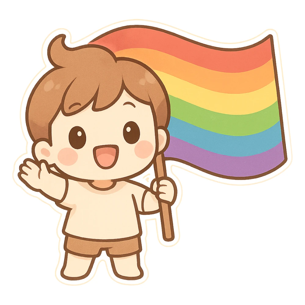 chibi sticker-style big waving rainbow flag, cute and exaggerated sticker