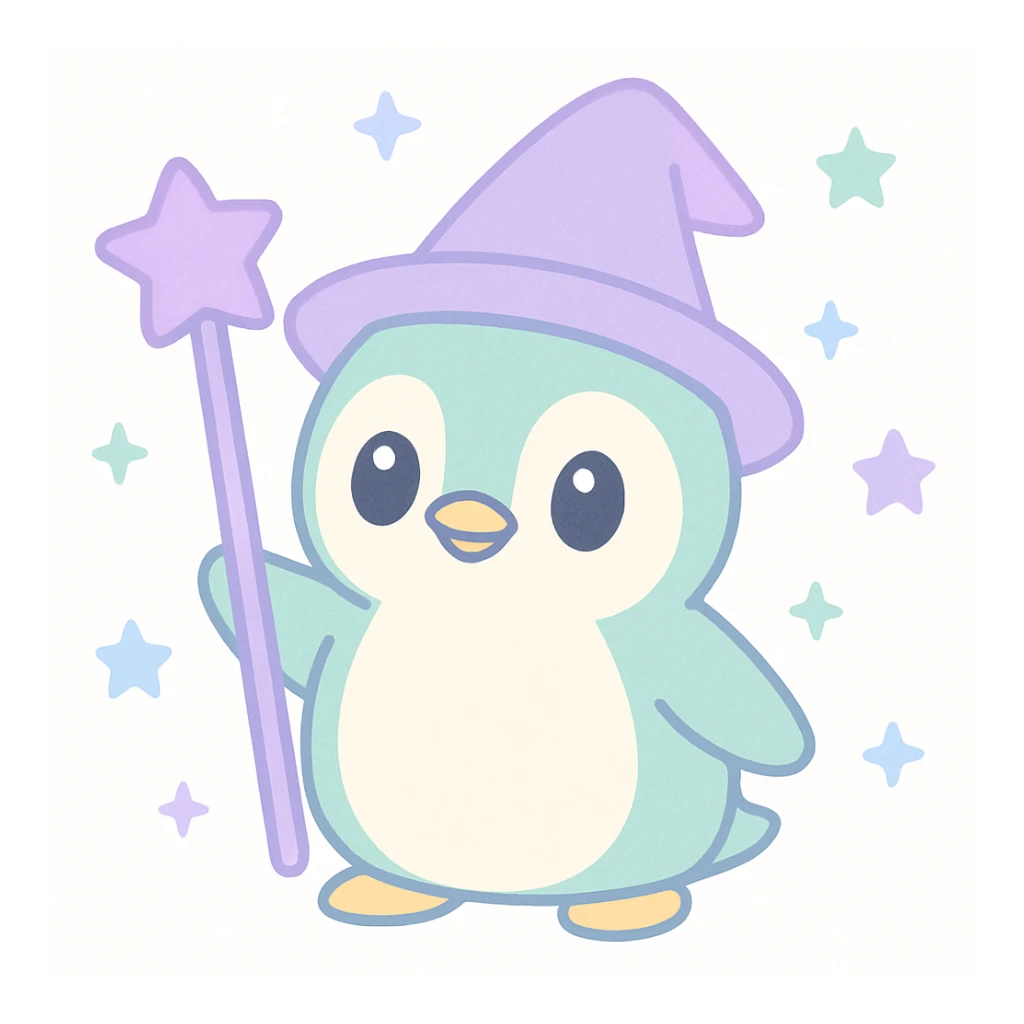 a penguin dressed as a wizard, with a pointed hat and a magic staff, in a fun and whimsical style sticker