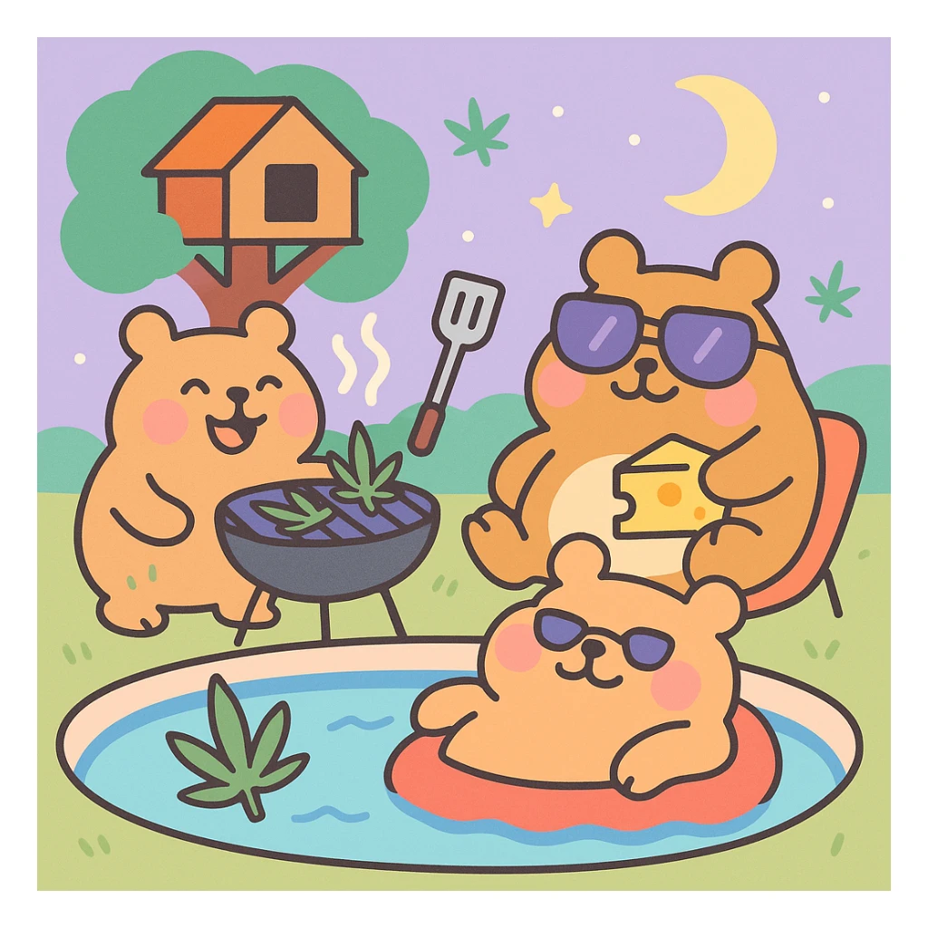Discord server icon, square format, summer pool cookout with up to 3 hamsters smiling and enjoying themselves, weed leaves, cheese, THC theme, no disco ball, no Discord logo, near a treehouse, possibly in space, pastel toon style, soft pastel colors, playful, nostalgic, fun, inviting, summer party vibe, clear composition sticker
