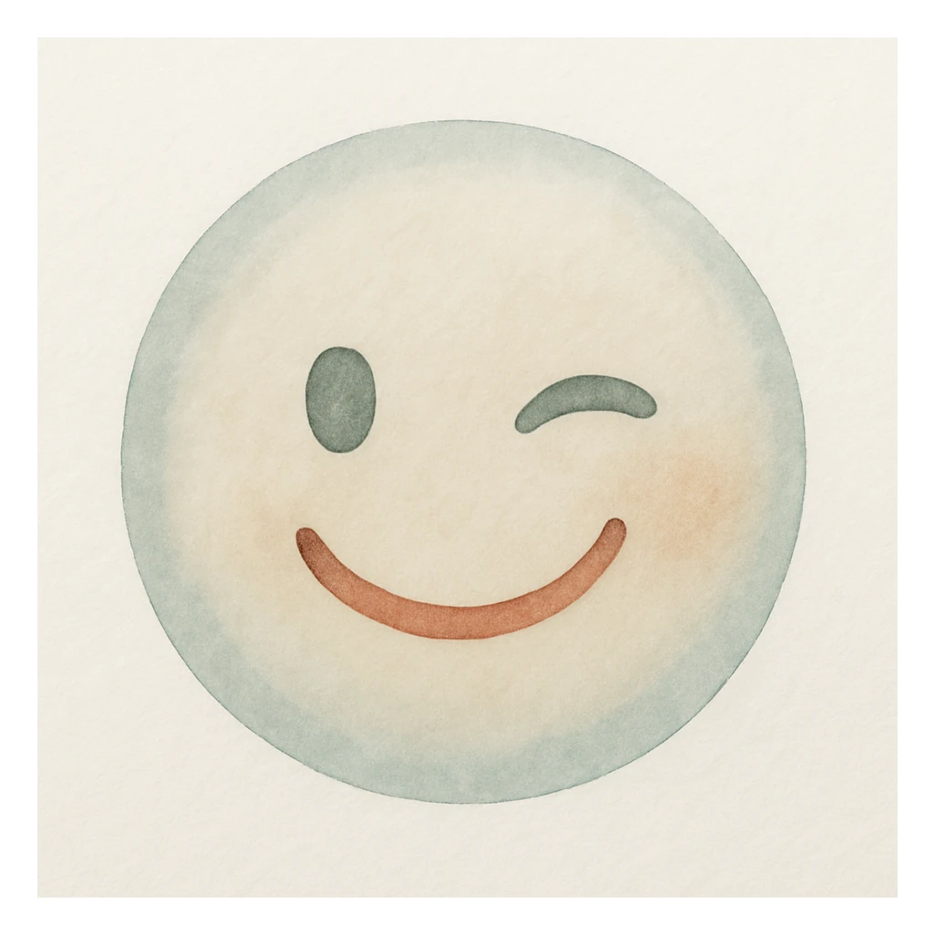 Make the smiling face emoji wink, keeping the soft and textured watercolor 2D style with delicate color blending. sticker