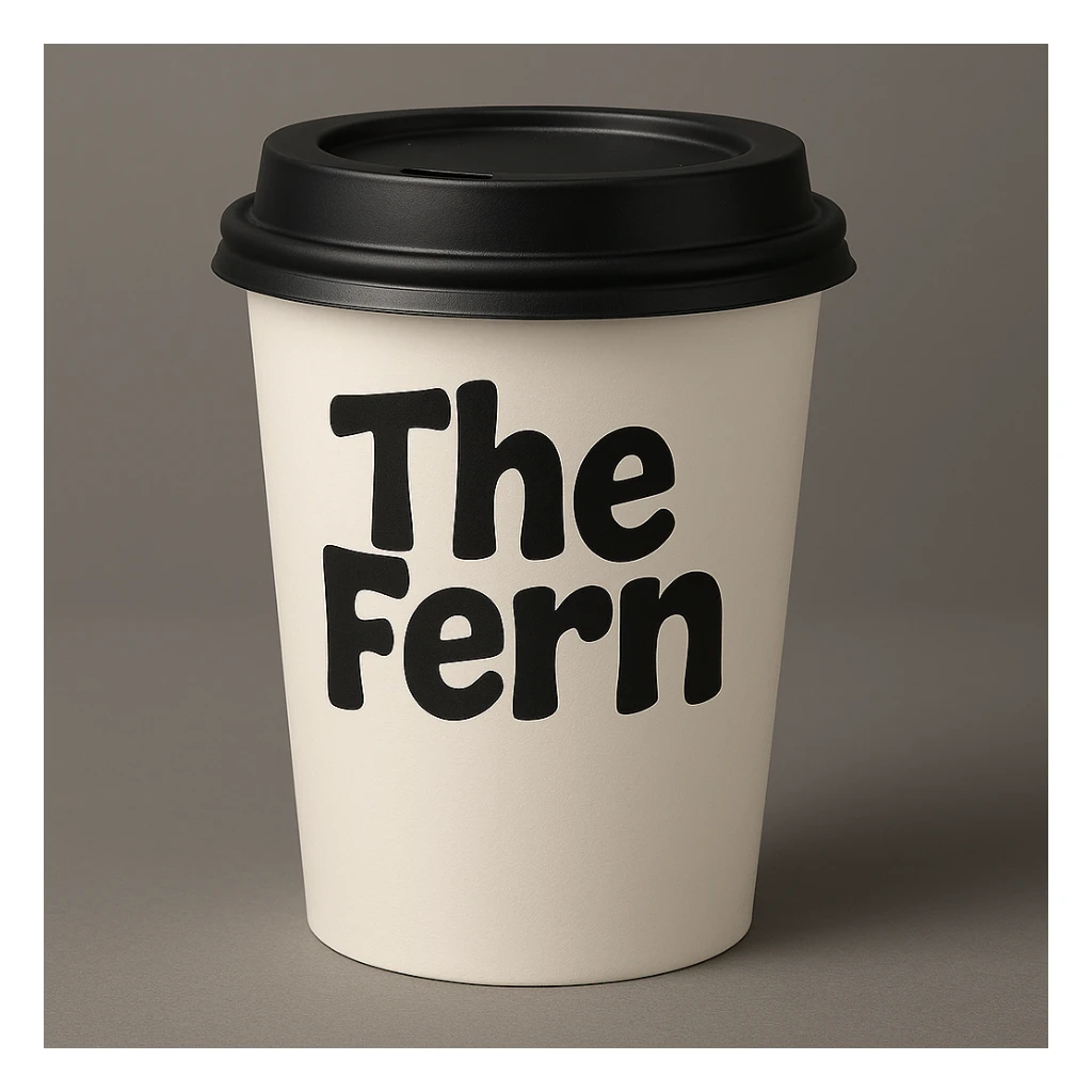 Make the white coffee cup a to-go cup with a lid, keep 'The Fern' in bold, playful letters, simple and eye-catching. sticker