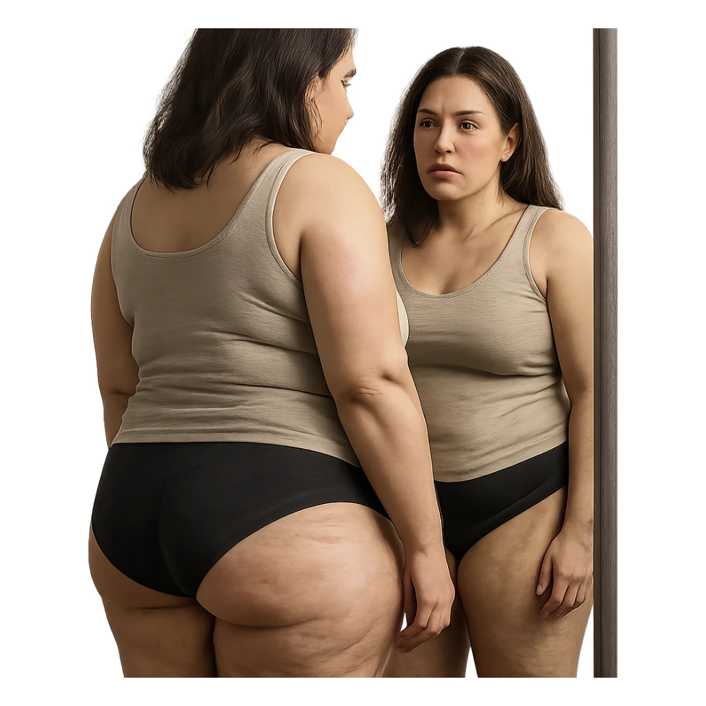 hyper realistic 4K woman looking at herself in the mirror, fat on thighs and legs, normal physique, skin details, reflective expression sticker