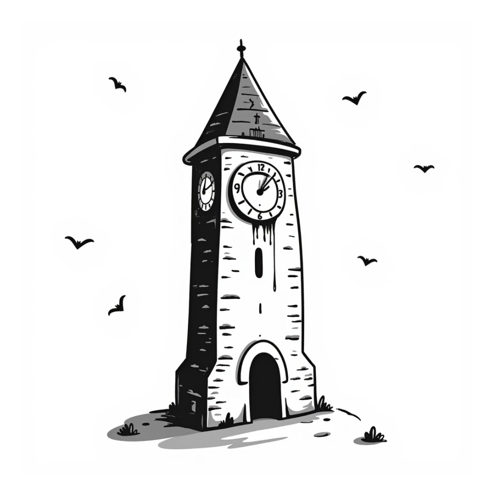 Hand-drawn scary clocktower with blood stains dripping from the numbers, halloween theme sticker