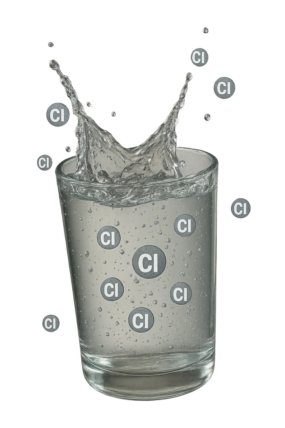 un bicchiere di acqua cade verticalmente dall'alto realistico e dettagliato, dentro l'acqua del bicchiere ci sono particelle di cloro ben visibili con la scritta "Cl" sopra, ci sono particelle anche che escono dal bicchiere e fluttuano in aria verticalmente, mentre alcune sono all'interno dell'acqua nel bicchiere, iperrealistico 4k sticker