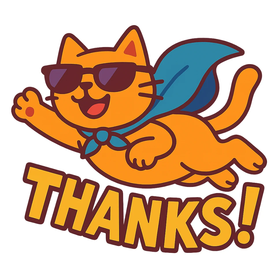 fun and lively flying cat wearing sunglasses, expressing thanks sticker