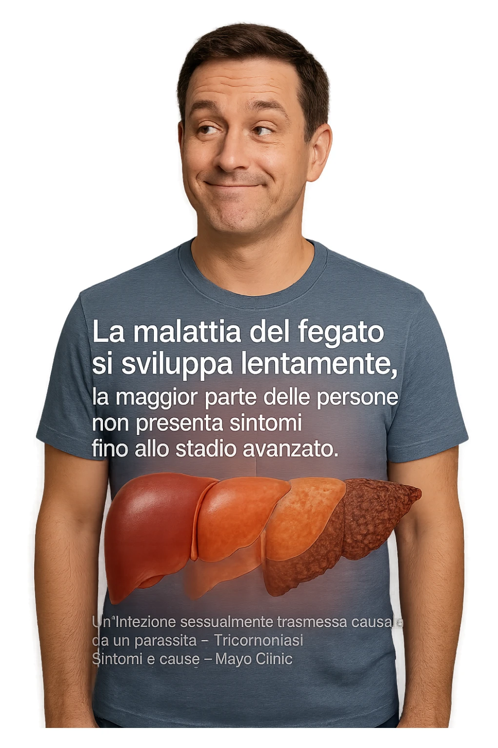 "Healthy-looking man unaware that liver disease develops slowly with most people having no symptoms until late stage A sexually transmitted infection caused by a parasite-Trichomoniasis - Symptoms & causes - Mayo Clinic, expression of false confidence in his health, transparent liver overlay showing progressive damage despite feeling normal, time-lapse visualization of gradual liver deterioration in italiano sticker