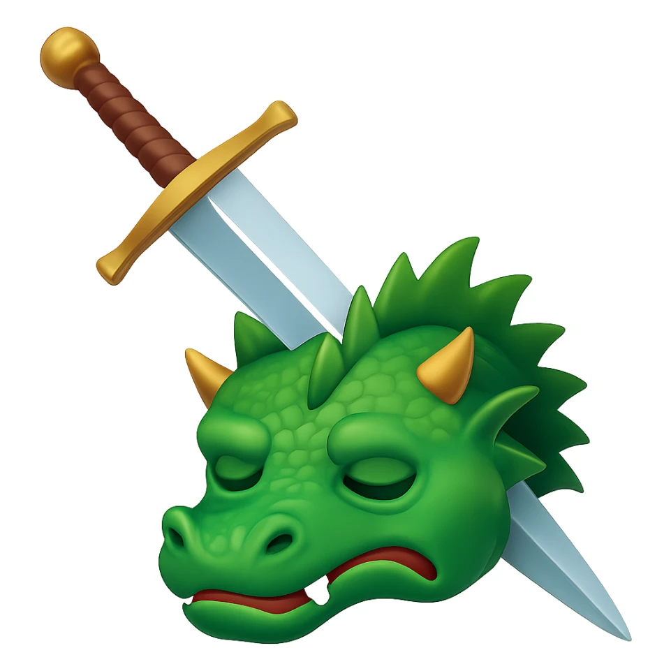 Make the sword much larger, keep the green dragon's head defeated, symbolizing conquering a challenge, in WhatsApp emoji style with no background. sticker