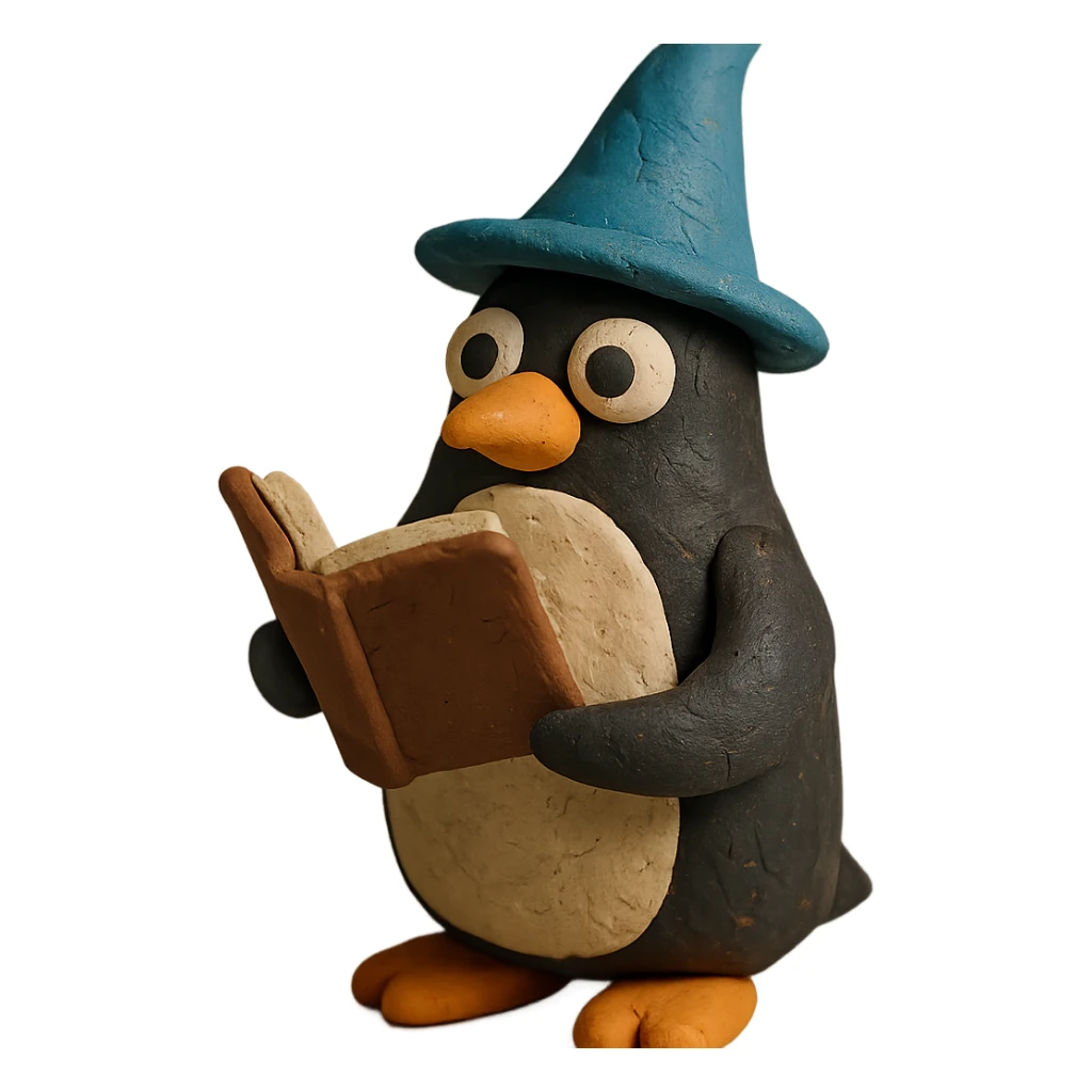 claymation style penguin wizard with a pointy hat and book sticker