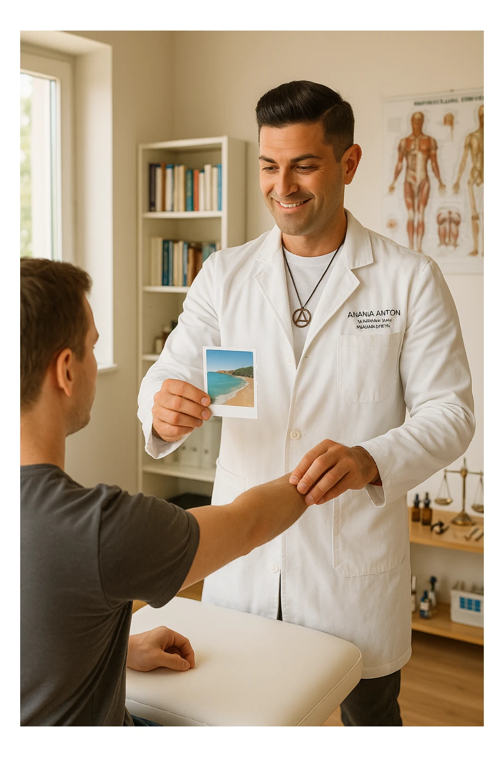 a middle-aged man, dressed in casual professional attire, is in a bright, organized therapy studio. Durante una visita di kinesiologia, il ragazzo tiene con una mano la foto di una persona lontana (il “testimone”) tiene la foto in mano, mentre con l’altra mano esegue un test muscolare su un cliente presente senza foto. Sullo sfondo si vedono libri di kinesiologia, poster anatomici e strumenti tipici della disciplina. L’atmosfera è concentrata e serena, con luce naturale che entra dalla finestra, sottolineando l’aspetto alternativo e umano della pratica. sticker