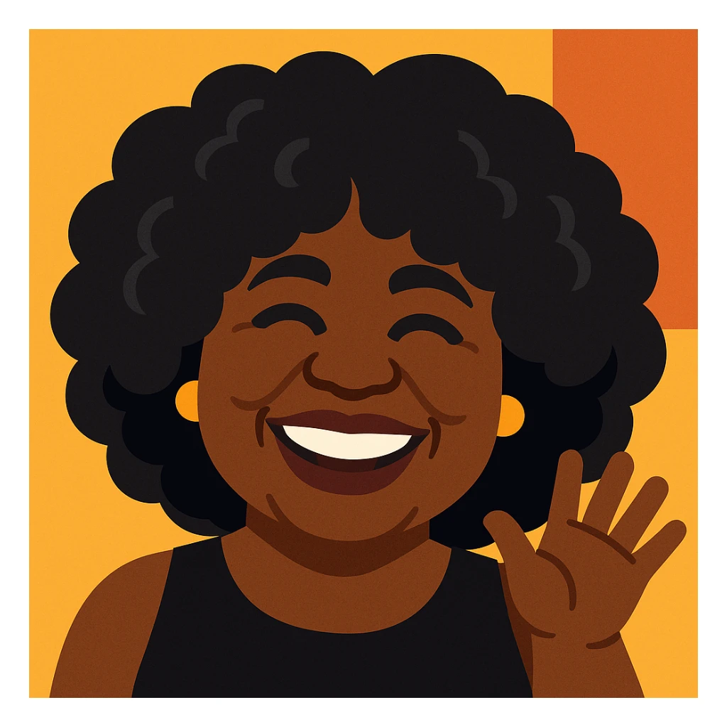 Create another emoji of this lady in a 1970s disco theme, using a color palette of black, silver, gold, and white. Show her waving, in a 70s disco dress and accessories, with joyful expression, in a vibrant toon style. sticker