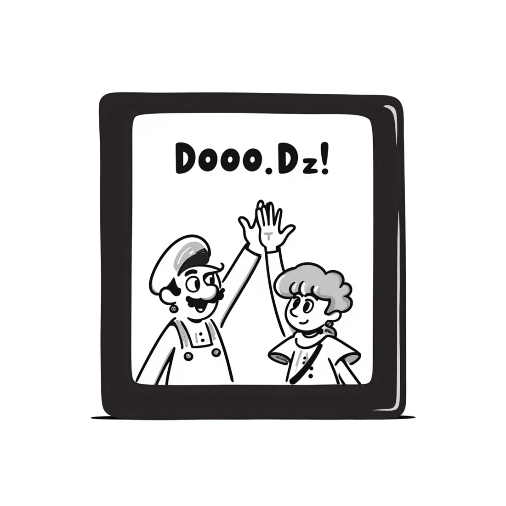 A hand-drawn Nintendo Switch game cartridge with game characters sketched on the label sticker