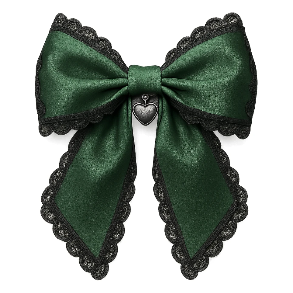 green gothic bow with black lace trim and heart charm, remove background sticker