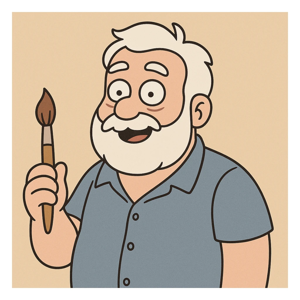 man with a round face, white hair and beard, blue collared shirt, holding a paint brush, cartoon style sticker
